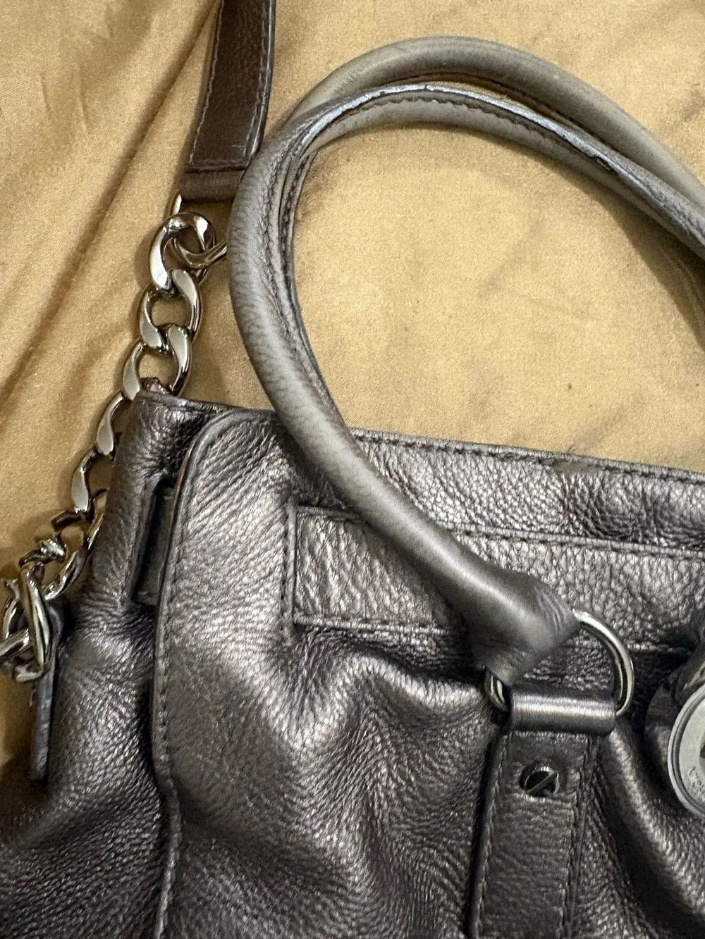 Michael Kors Metallic Charcoal Hamilton Leather Shoulder Bag with Chain Accents